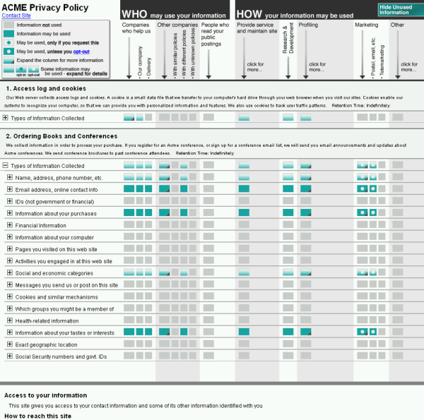 Screenshot of an Expandable Grids
interface for displaying P3P privacy policies.