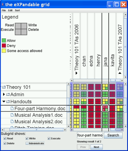 Screenshot of an Expandable Grids
interface for setting NTFS file permissions.